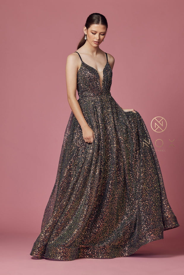 Sleeveless Iridescent Glitter Gown by Nox Anabel R1030