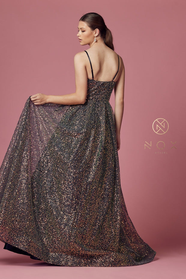 Sleeveless Iridescent Glitter Gown by Nox Anabel R1030
