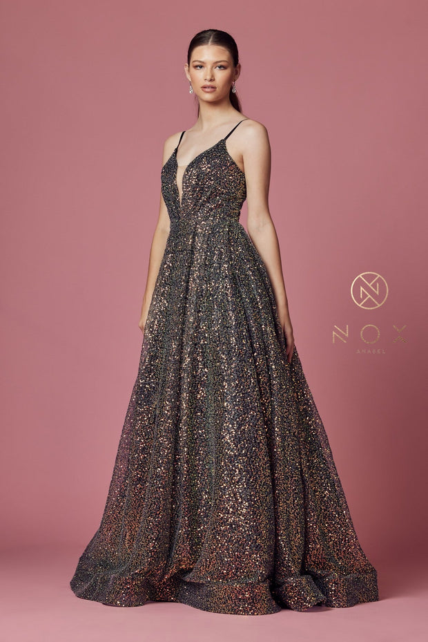 Sleeveless Iridescent Glitter Gown by Nox Anabel R1030