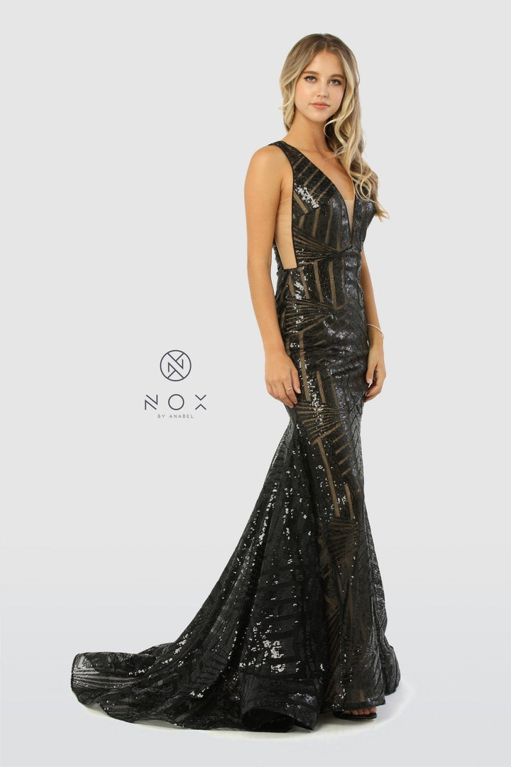 Sleeveless Long Sequin Print Trumpet Dress by Nox Anabel C214-Long Formal Dresses-ABC Fashion