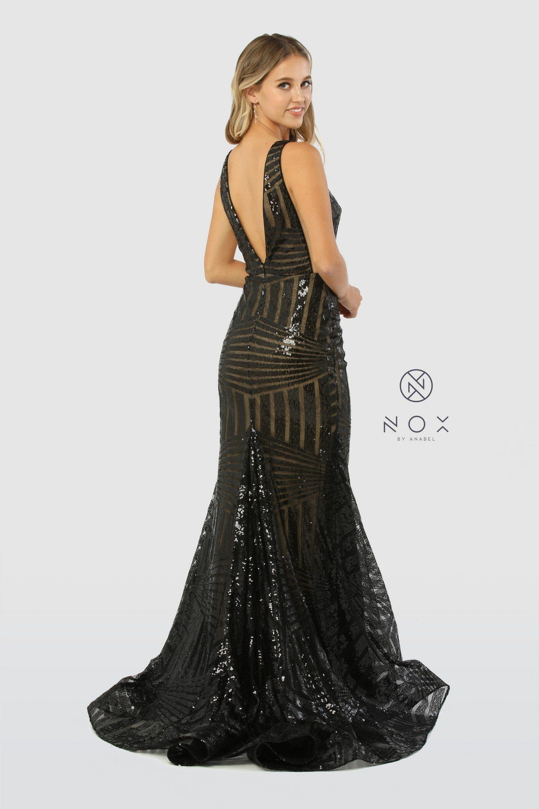 Sleeveless Long Sequin Print Trumpet Dress by Nox Anabel C214-Long Formal Dresses-ABC Fashion