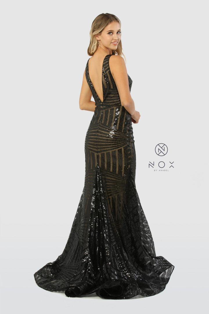 Sleeveless Long Sequin Print Trumpet Dress by Nox Anabel C214-Long Formal Dresses-ABC Fashion