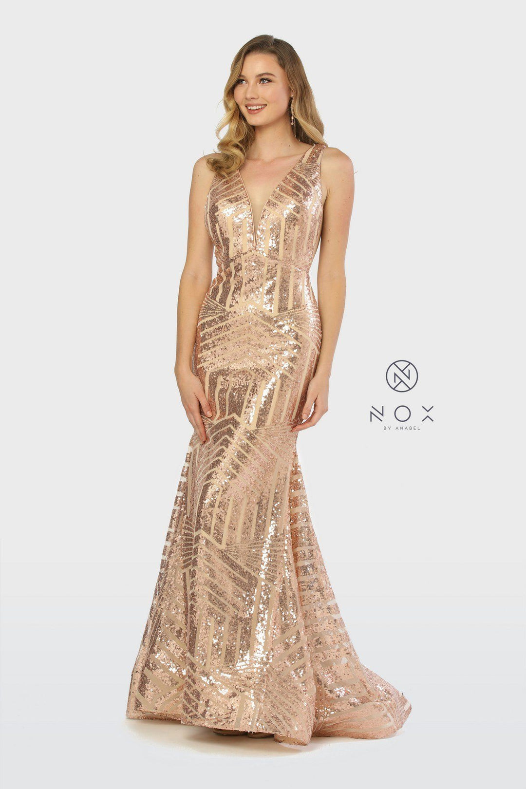 Sleeveless Long Sequin Print Trumpet Dress by Nox Anabel C214-Long Formal Dresses-ABC Fashion