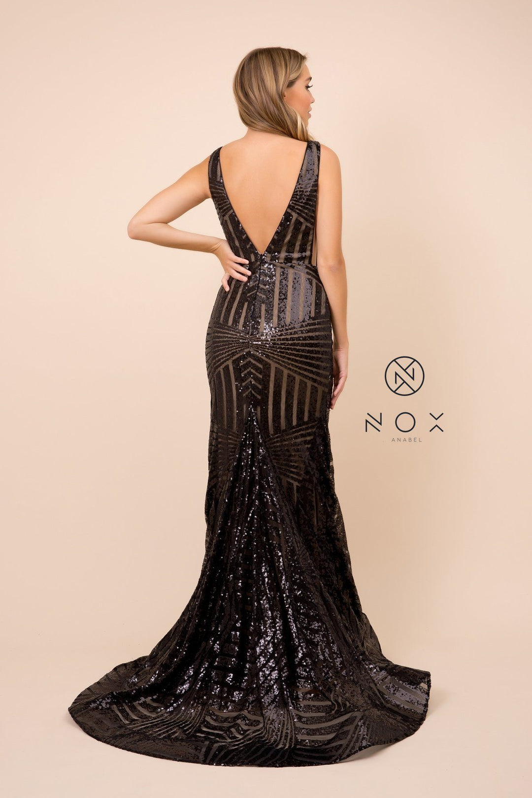 Sleeveless Long Sequin Print Trumpet Dress by Nox Anabel C214