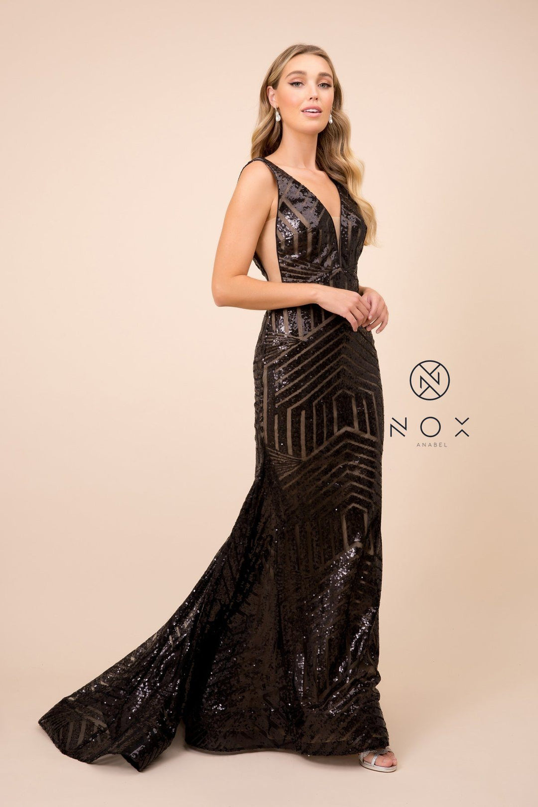 Sleeveless Long Sequin Print Trumpet Dress by Nox Anabel C214