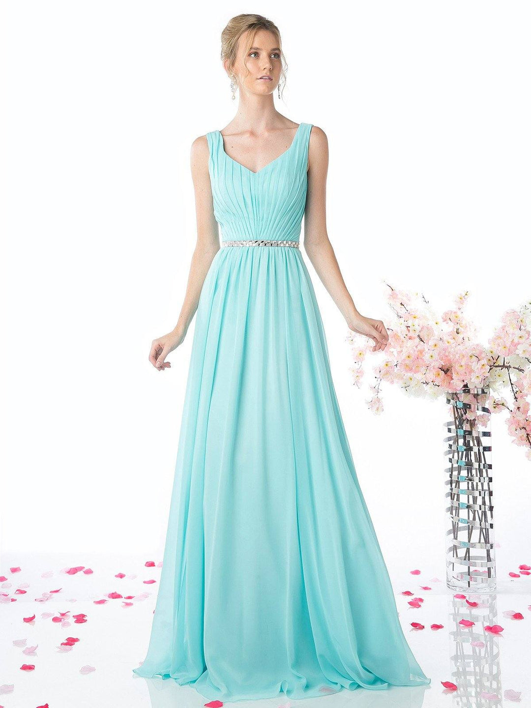 Sleeveless Pleated Evening Dress with Belt by Cinderella Divine W0014-Long Formal Dresses-ABC Fashion