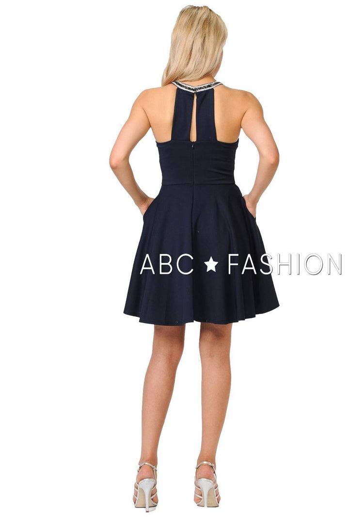Sleeveless Short Jersey Dress with Rhinestones by Poly USA 9009-Short Cocktail Dresses-ABC Fashion