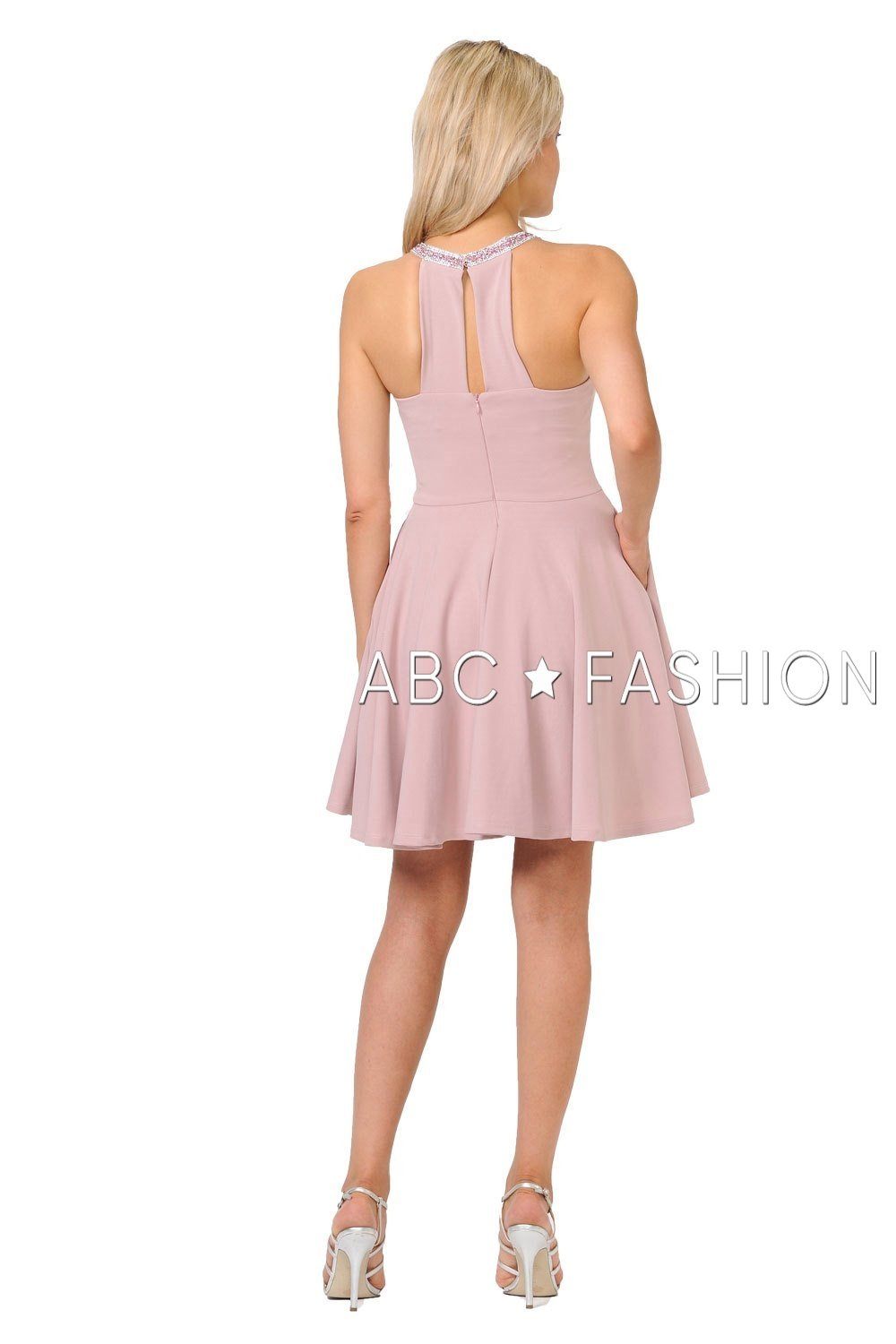 Sleeveless Short Jersey Dress with Rhinestones by Poly USA 9009-Short Cocktail Dresses-ABC Fashion