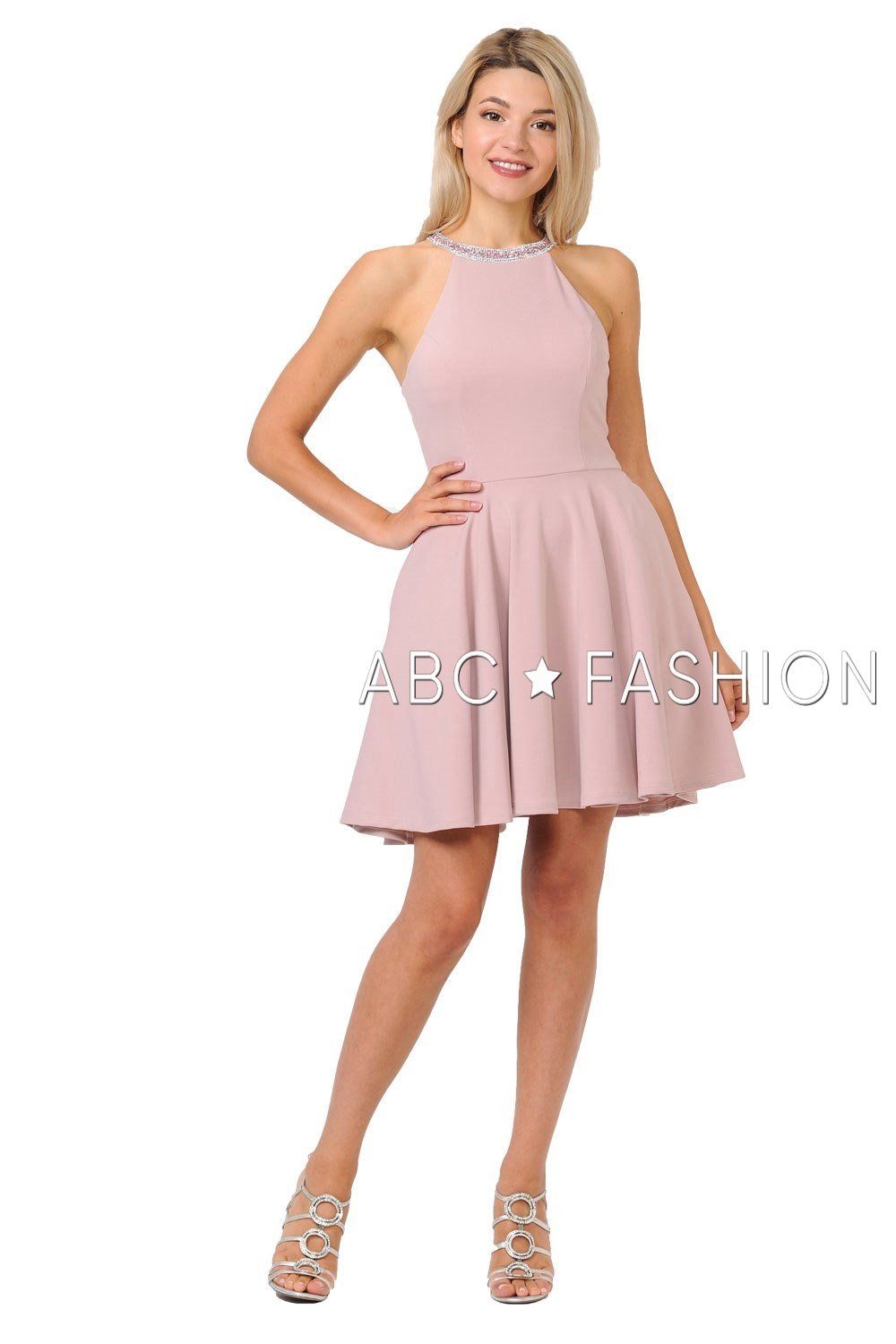 Sleeveless Short Jersey Dress with Rhinestones by Poly USA 9009-Short Cocktail Dresses-ABC Fashion