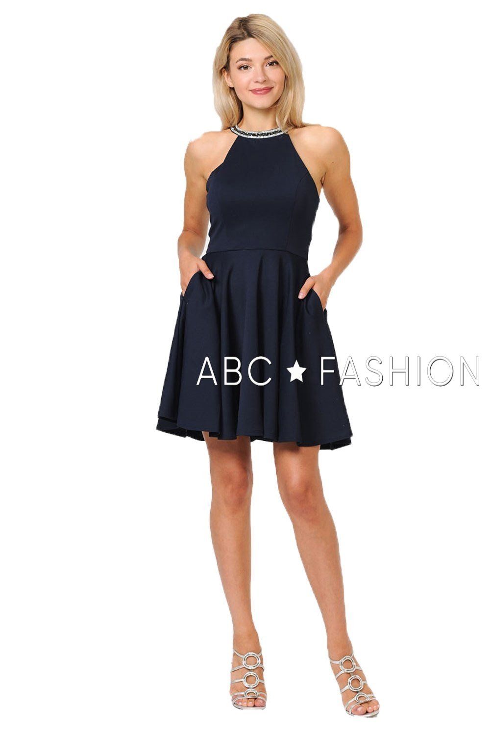 Sleeveless Short Jersey Dress with Rhinestones by Poly USA 9009-Short Cocktail Dresses-ABC Fashion
