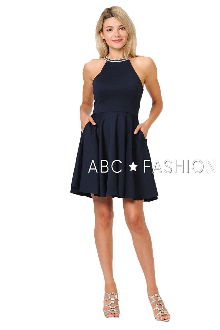 Sleeveless Short Jersey Dress with Rhinestones by Poly USA 9009-Short Cocktail Dresses-ABC Fashion