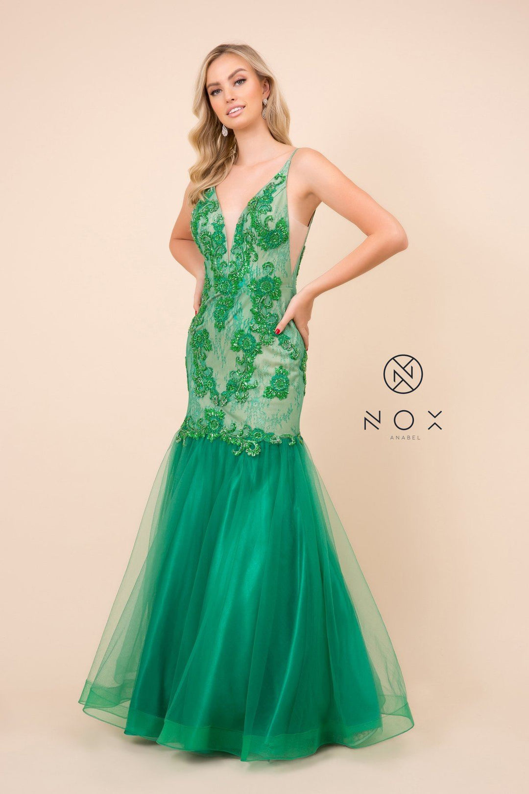 Sleeveless V-Neck Beaded Lace Tulle Mermaid Gown by Nox Anabel E185