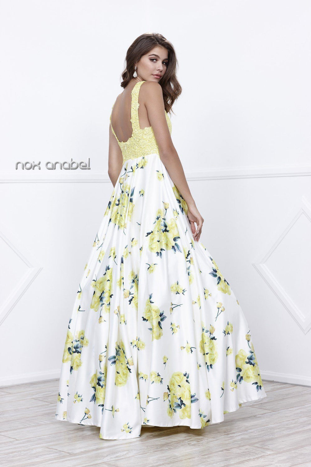 Sleeveless Yellow Floral Print Dress by Nox Anabel 8203-Long Formal Dresses-ABC Fashion