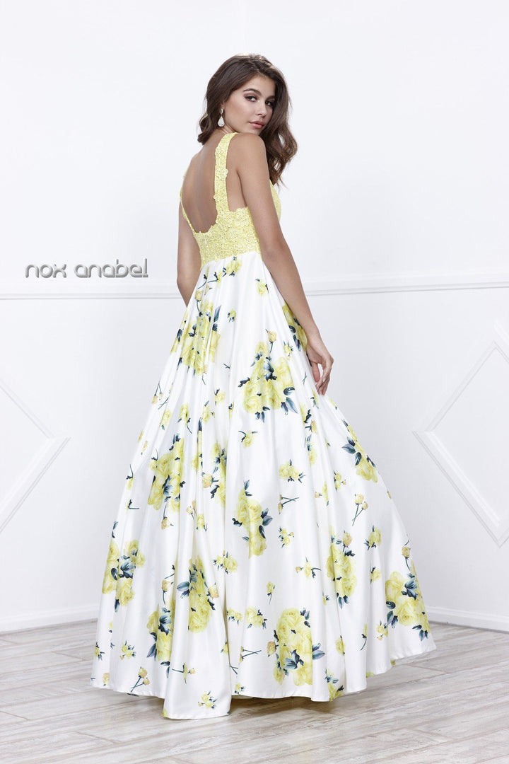 Sleeveless Yellow Floral Print Dress by Nox Anabel 8203-Long Formal Dresses-ABC Fashion