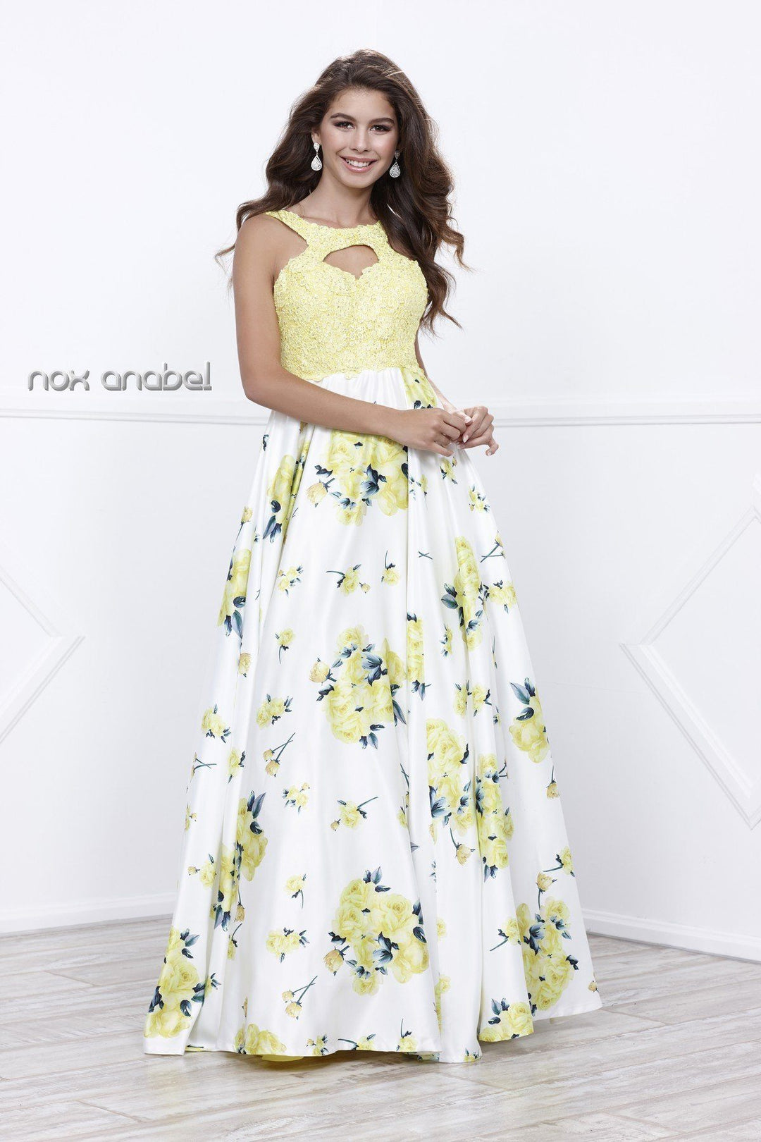 Sleeveless Yellow Floral Print Dress by Nox Anabel 8203-Long Formal Dresses-ABC Fashion