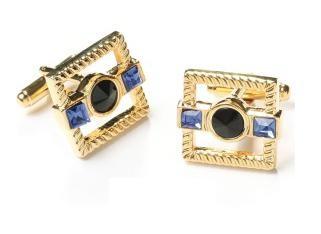 Square Gold Cufflinks with Black and Blue Crystals-Men's Cufflinks-ABC Fashion