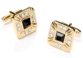 Square Gold Cufflinks with Black and Clear Crystals-Men's Cufflinks-ABC Fashion