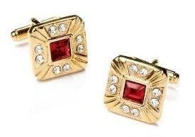 Square Gold Cufflinks with Red and Clear Crystals-Men's Cufflinks-ABC Fashion