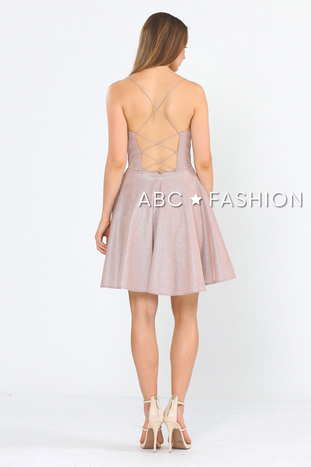 Square Neck Short Metallic Glitter Dress by Poly USA 8220-Short Cocktail Dresses-ABC Fashion