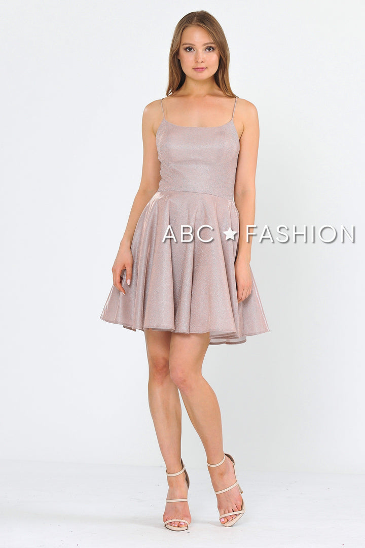 Square Neck Short Metallic Glitter Dress by Poly USA 8220-Short Cocktail Dresses-ABC Fashion