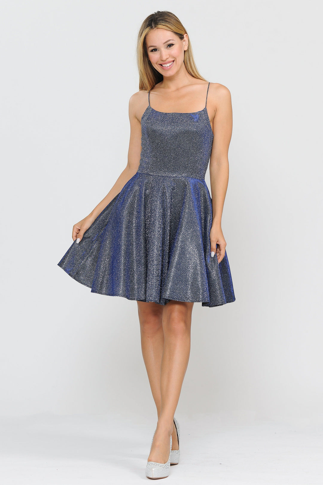 Square Neck Short Metallic Glitter Dress by Poly USA 8220-Short Cocktail Dresses-ABC Fashion
