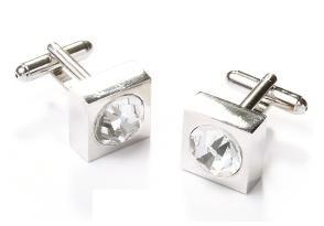 Square Silver Cufflinks with a Clear Crystal-Men's Cufflinks-ABC Fashion
