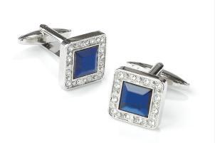 Square Silver Cufflinks with Blue Gem and Clear Crystals-Men's Cufflinks-ABC Fashion