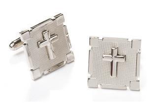 Square Silver Cufflinks with Cross-Men's Cufflinks-ABC Fashion