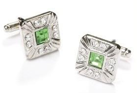 Square Silver Cufflinks with Green and Clear Crystals-Men's Cufflinks-ABC Fashion