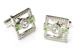 Square Silver Cufflinks with Green and Clear Crystals-Men's Cufflinks-ABC Fashion