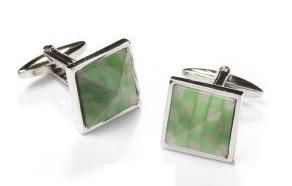 Square Silver Cufflinks with Green Checkers-Men's Cufflinks-ABC Fashion