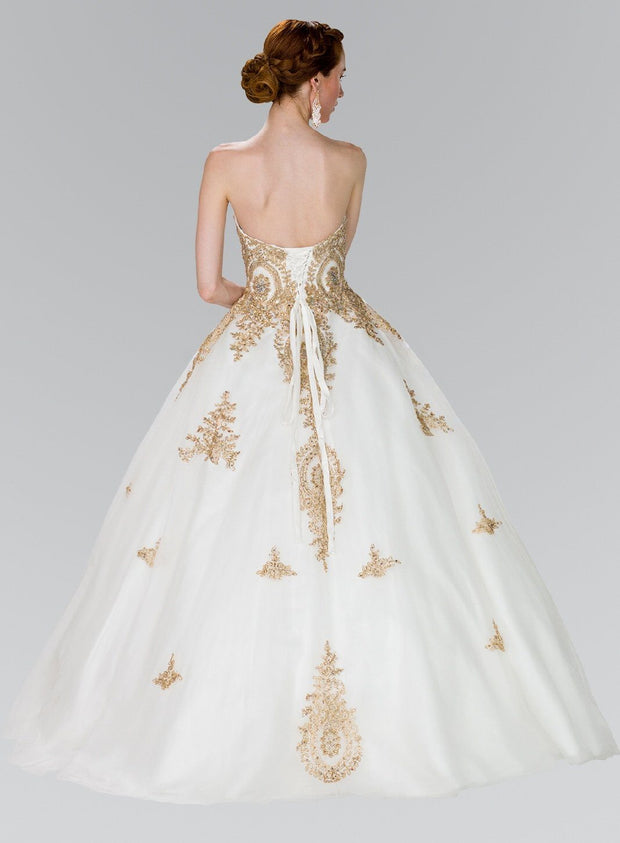 Strapless Ballgown with Gold Lace Applique by Elizabeth K GL2379-Quinceanera Dresses-ABC Fashion