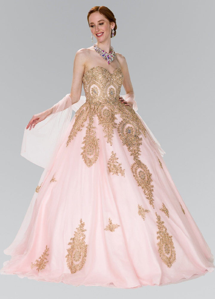 Strapless Ballgown with Gold Lace Applique by Elizabeth K GL2379-Quinceanera Dresses-ABC Fashion