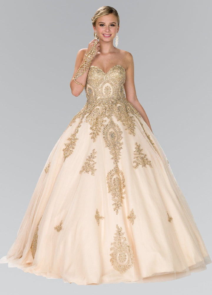 Strapless Ballgown with Gold Lace Applique by Elizabeth K GL2379-Quinceanera Dresses-ABC Fashion