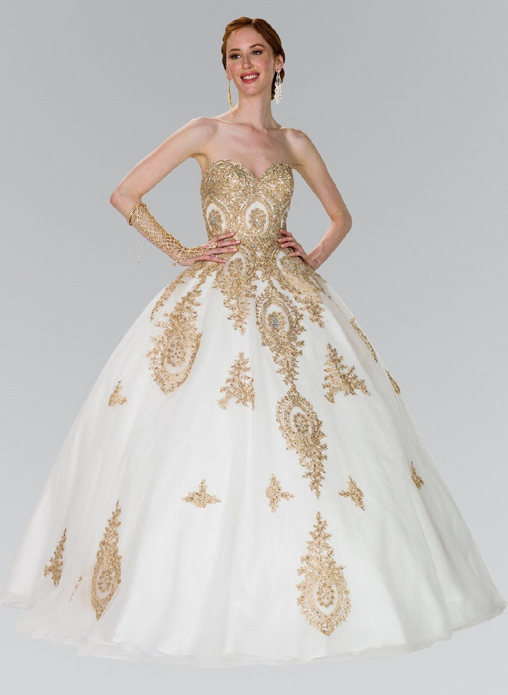 Strapless Ballgown with Gold Lace Applique by Elizabeth K GL2379-Quinceanera Dresses-ABC Fashion