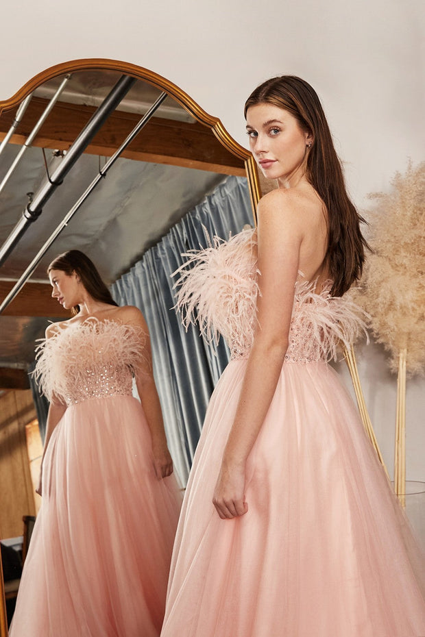 Strapless Feather Ball Gown by Cinderella Divine CR864