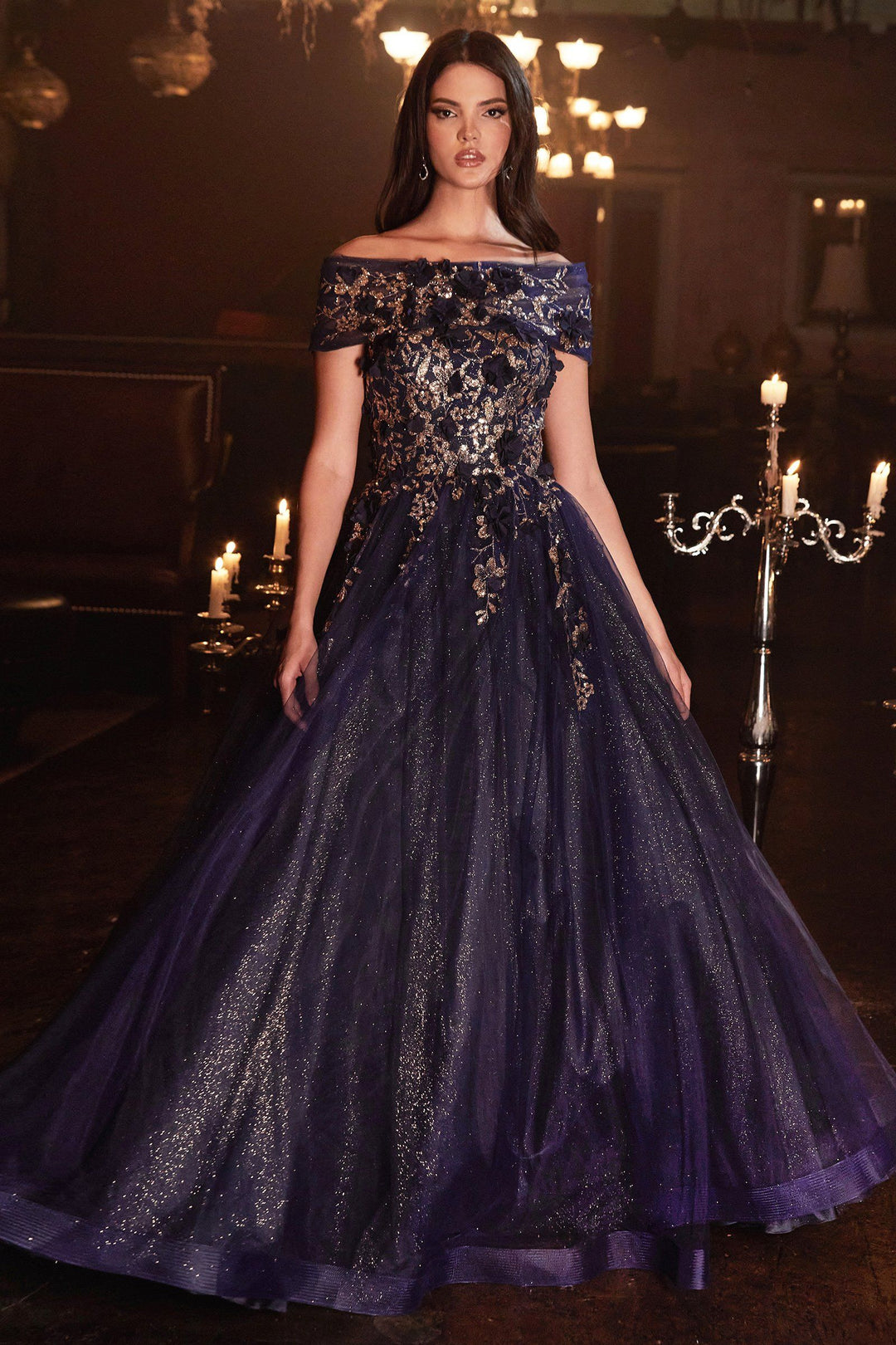 Strapless Glitter Ball Gown by Cinderella Divine CD955