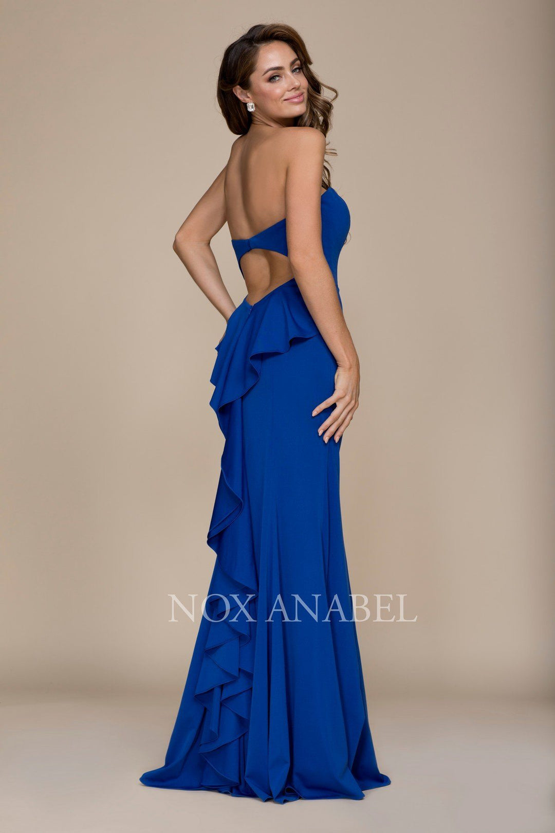 Strapless Mermaid Dress with Ruffled Detail by Nox Anabel E002-Long Formal Dresses-ABC Fashion