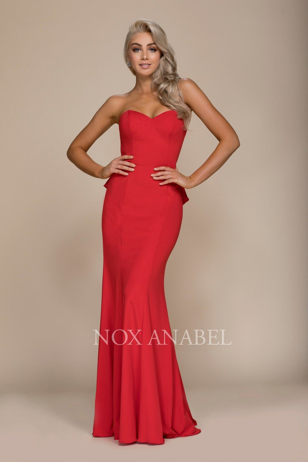 Strapless Mermaid Dress with Ruffled Detail by Nox Anabel E002-Long Formal Dresses-ABC Fashion