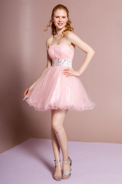 Strapless Short Dress with Jeweled Waistband by Elizabeth K GS1053 L / Blush Pink