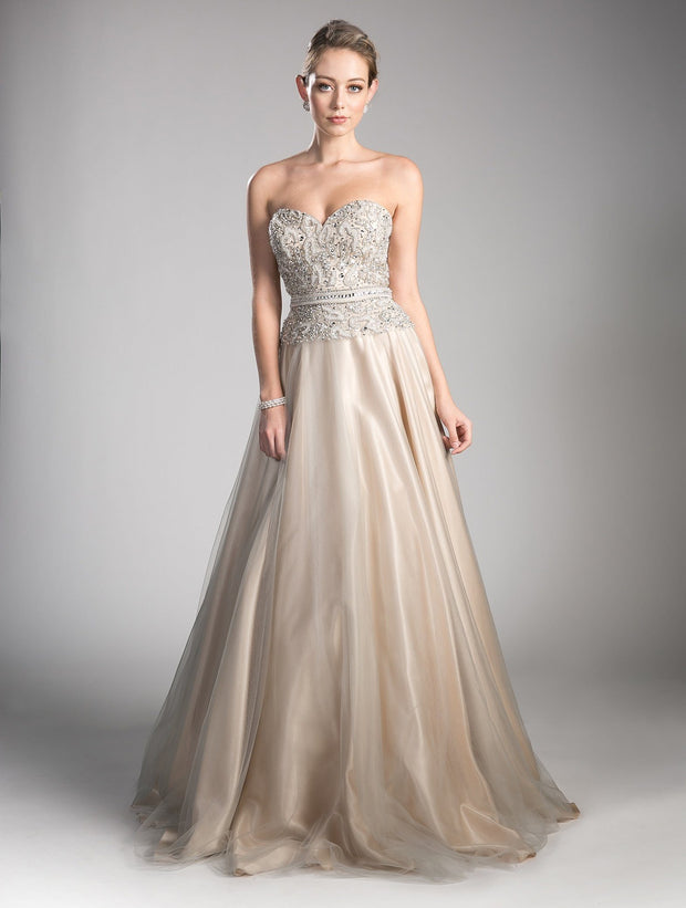 Strapless Sweetheart Gown with Beaded Bodice by Cinderella Divine CE0004-Long Formal Dresses-ABC Fashion