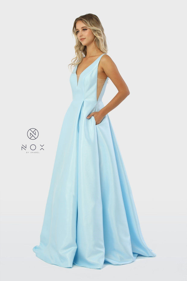 Taffeta Long V-Neck Ball Gown Style Dress by Nox Anabel E156-Long Formal Dresses-ABC Fashion