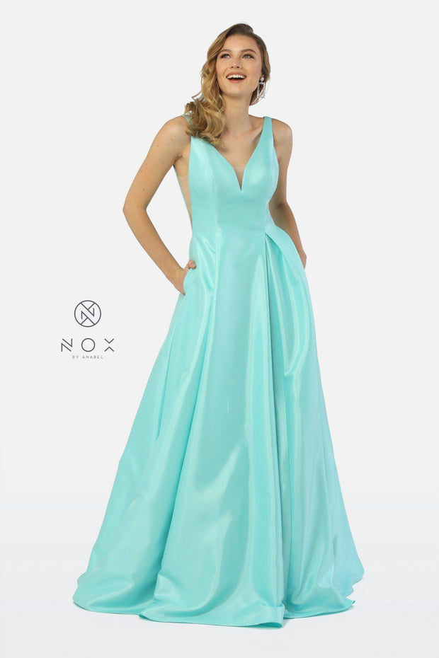 Taffeta Long V-Neck Ball Gown Style Dress by Nox Anabel E156-Long Formal Dresses-ABC Fashion