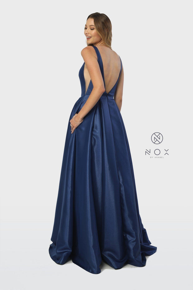 Taffeta Long V-Neck Ball Gown Style Dress by Nox Anabel E156-Long Formal Dresses-ABC Fashion