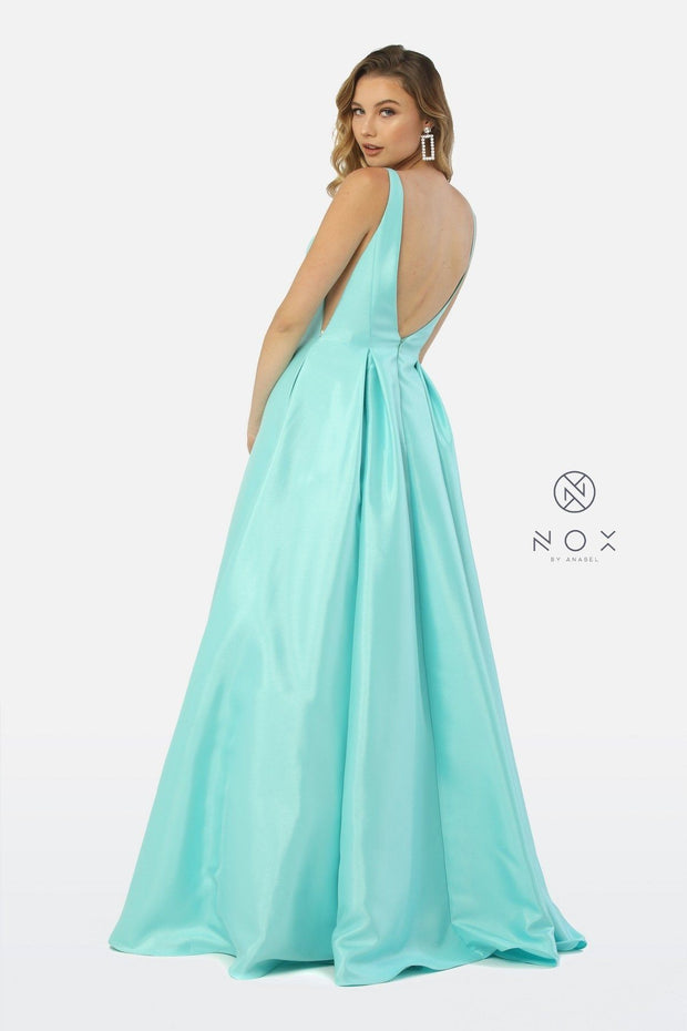 Taffeta Long V-Neck Ball Gown Style Dress by Nox Anabel E156-Long Formal Dresses-ABC Fashion
