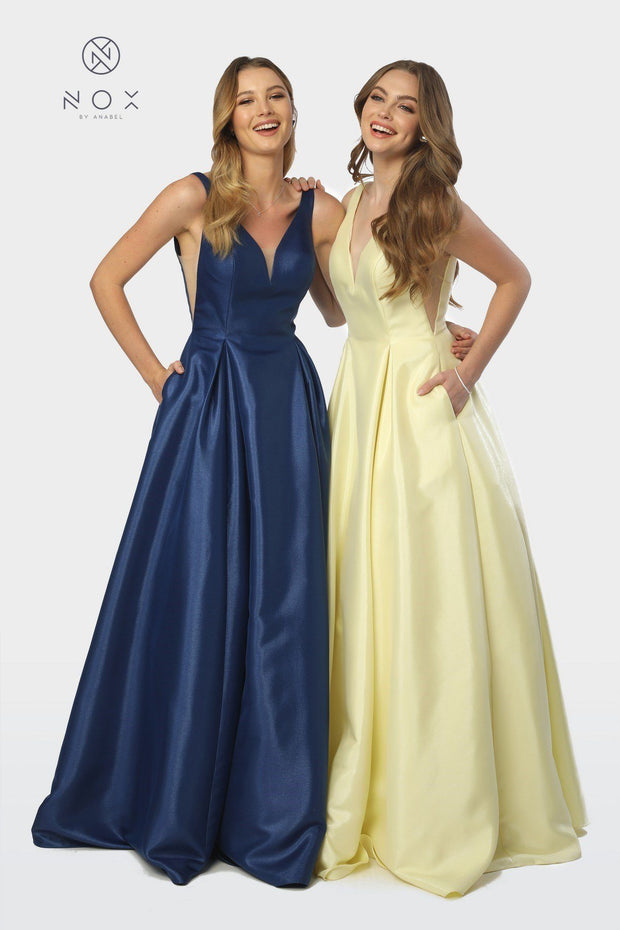 Taffeta Long V-Neck Ball Gown Style Dress by Nox Anabel E156-Long Formal Dresses-ABC Fashion