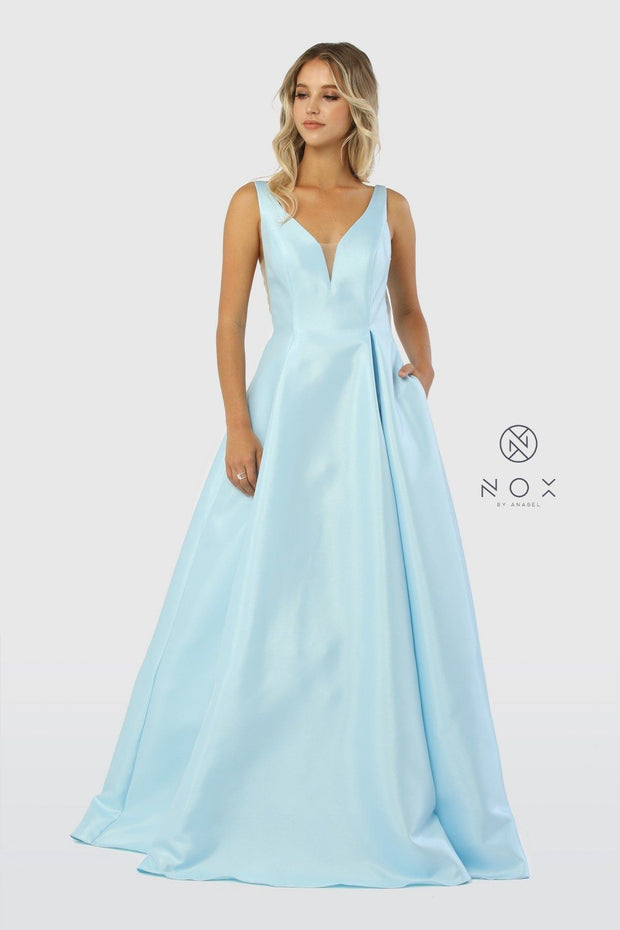 Taffeta Long V-Neck Ball Gown Style Dress by Nox Anabel E156-Long Formal Dresses-ABC Fashion