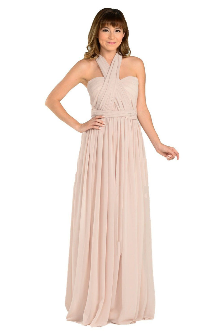 Tan Long Convertible Chiffon Dress by Poly USA-Long Formal Dresses-ABC Fashion