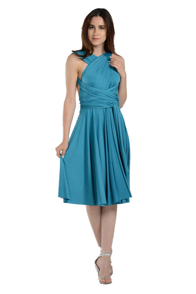 Teal Short Convertible Jersey Dress by Poly USA-Short Cocktail Dresses-ABC Fashion