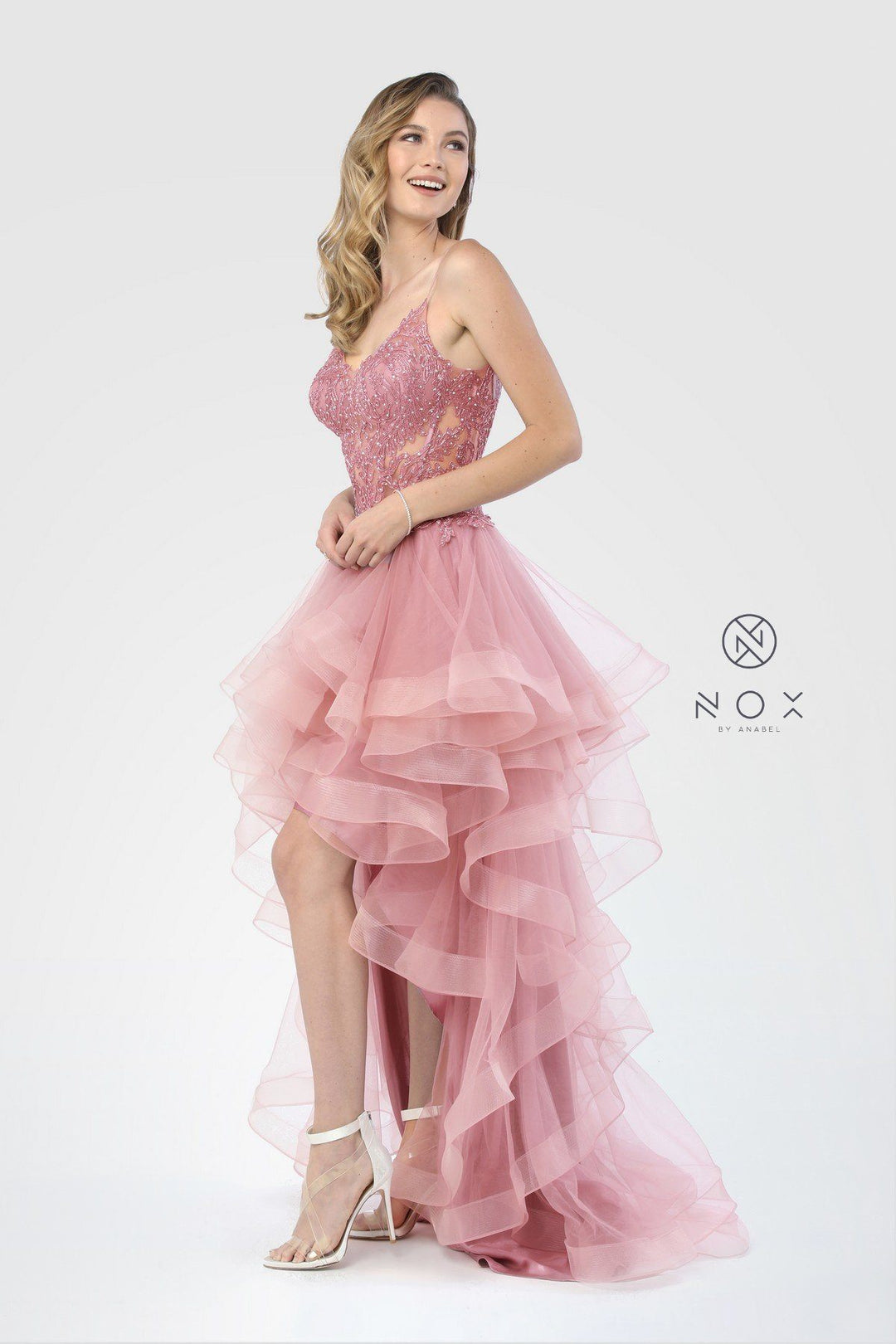 Tiered High Low Dress with Sheer Embroidered Bodice by Nox Anabel A178-Long Formal Dresses-ABC Fashion